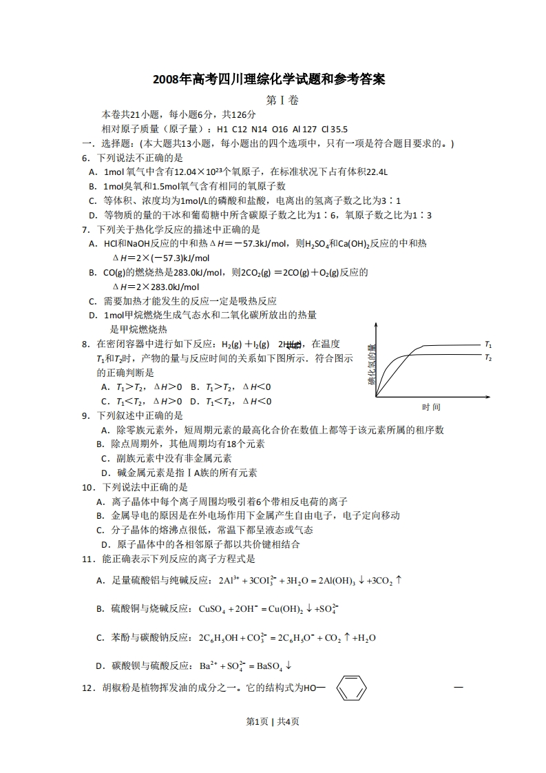 2008年高考化学试卷（四川）（空白卷）