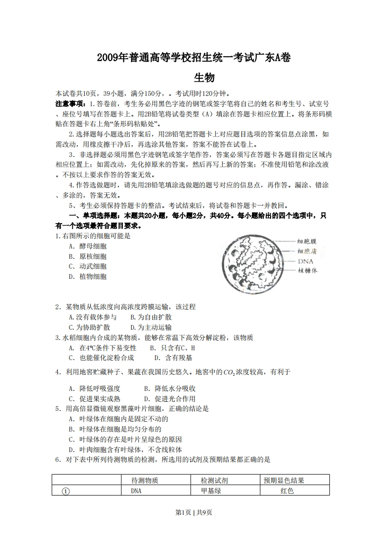2009年高考生物试卷（广东）（空白卷）-初高中资料试题文库