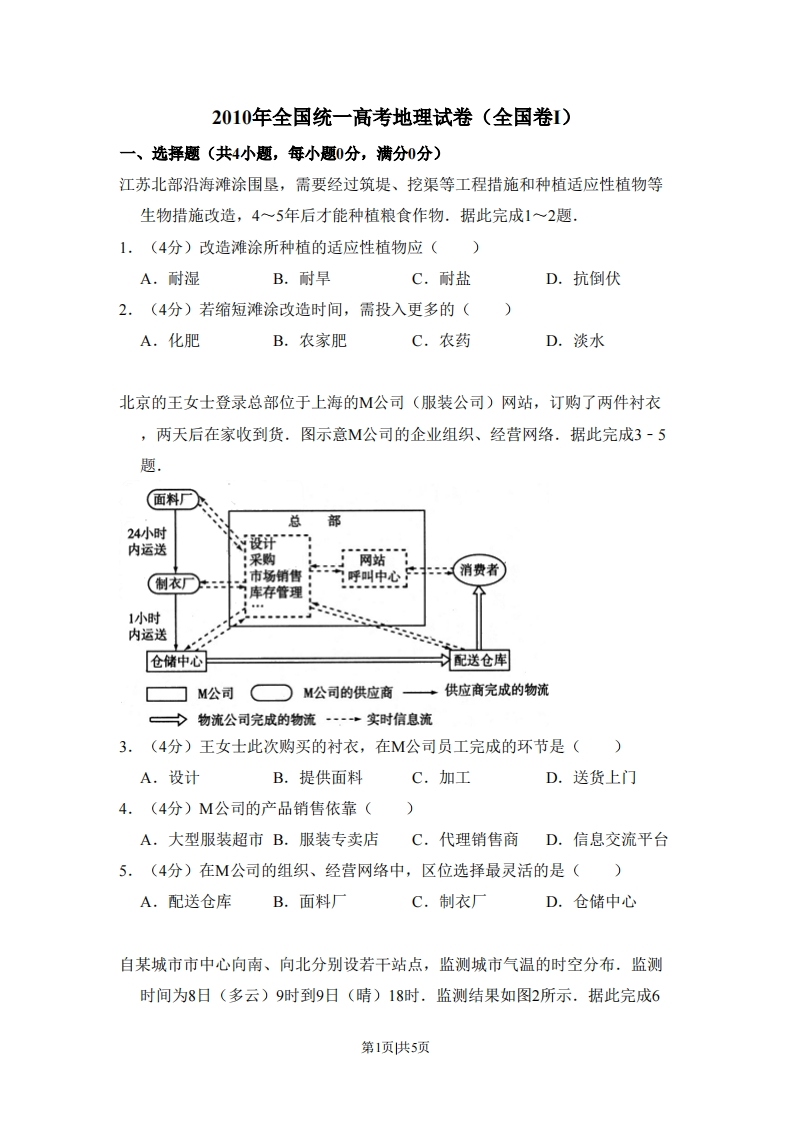 2010年高考地理试卷（全国卷Ⅰ）（空白卷）-初高中资料试题文库