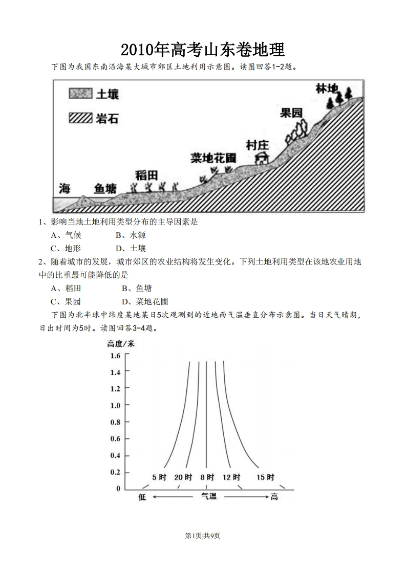 2010年高考地理试卷（山东）（空白卷）-初高中资料试题文库