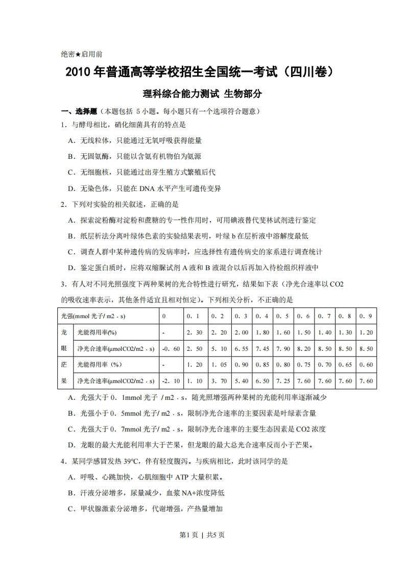 2010年高考生物试卷（四川）（空白卷）-初高中资料试题文库