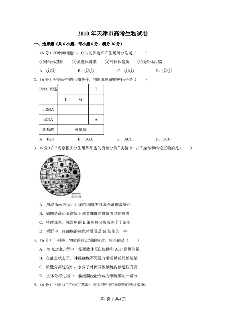 2010年高考生物试卷（天津）（空白卷）-初高中资料试题文库