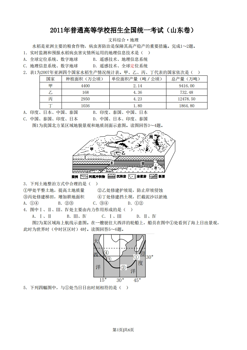 2011年高考地理试卷（山东）（空白卷）-初高中资料试题文库