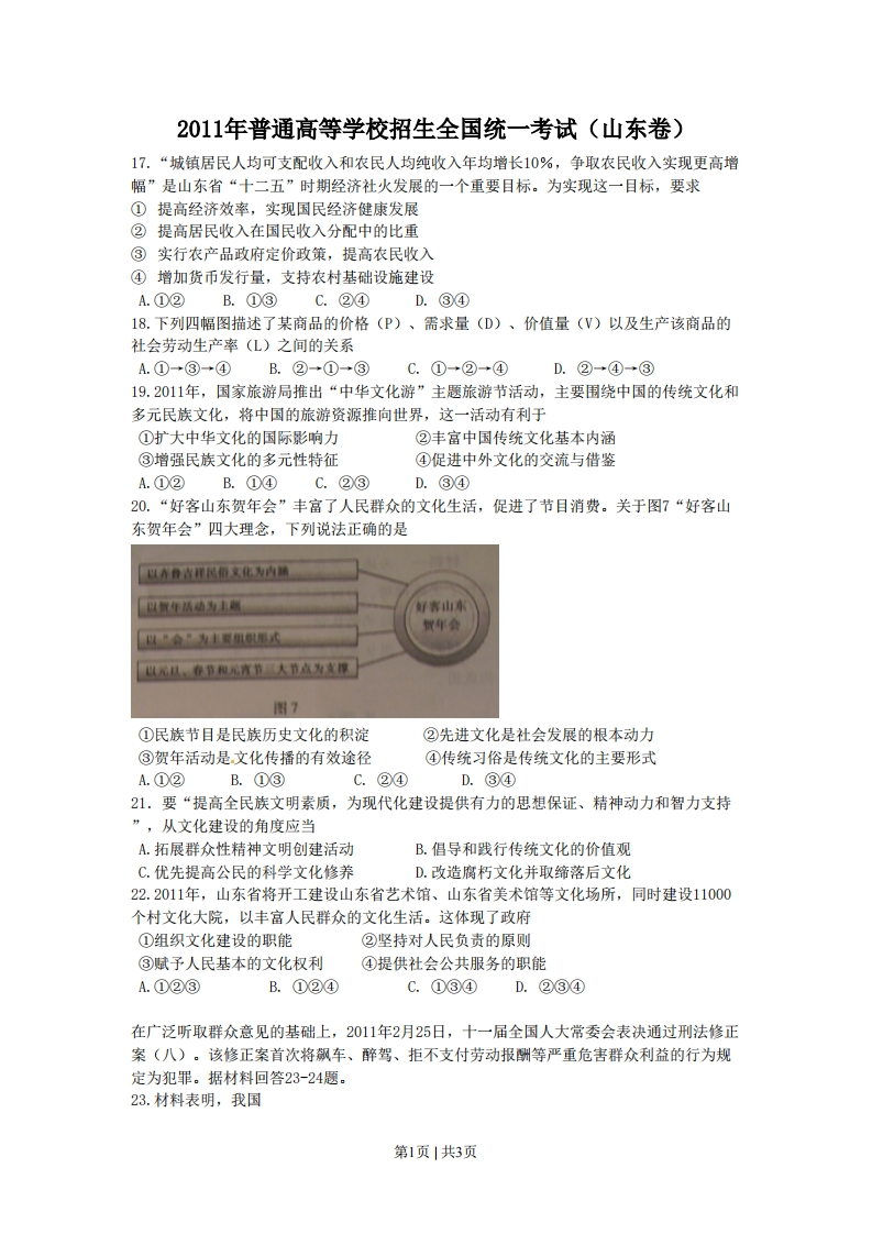 2011年高考生物政治（山东）（空白卷）-初高中资料试题文库