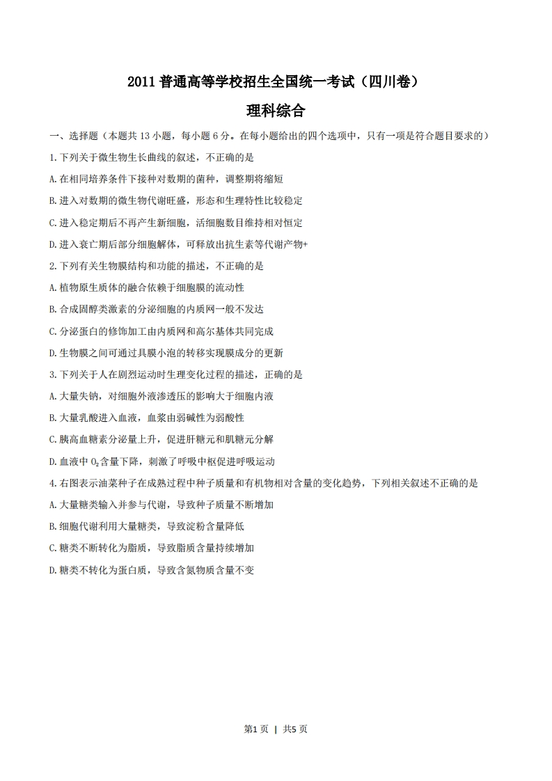 2011年高考生物试卷（四川）（空白卷）-初高中资料试题文库
