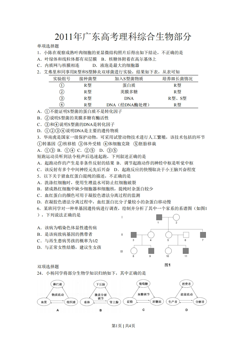 2011年高考生物试卷（广东）（空白卷）-初高中资料试题文库
