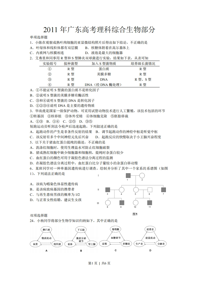 2011年高考生物试卷（广东）（解析卷）-初高中资料试题文库