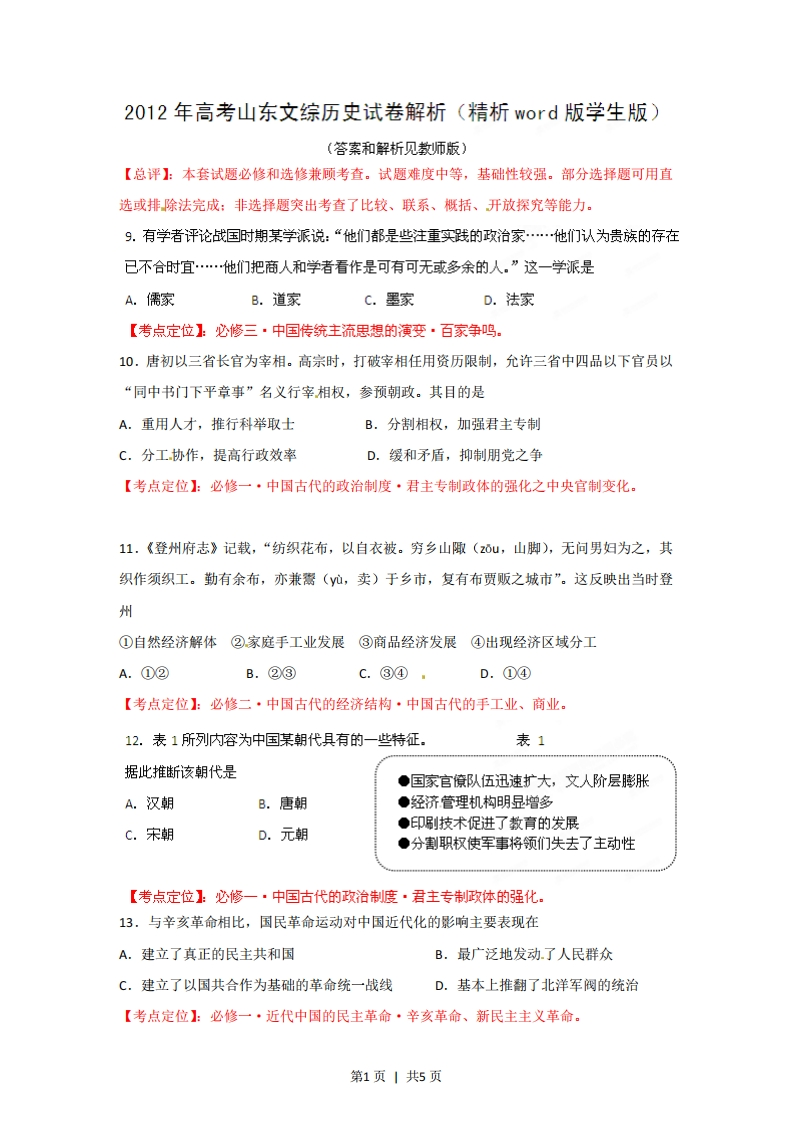 2012年高考历史试卷（山东）（空白卷）-初高中资料试题文库