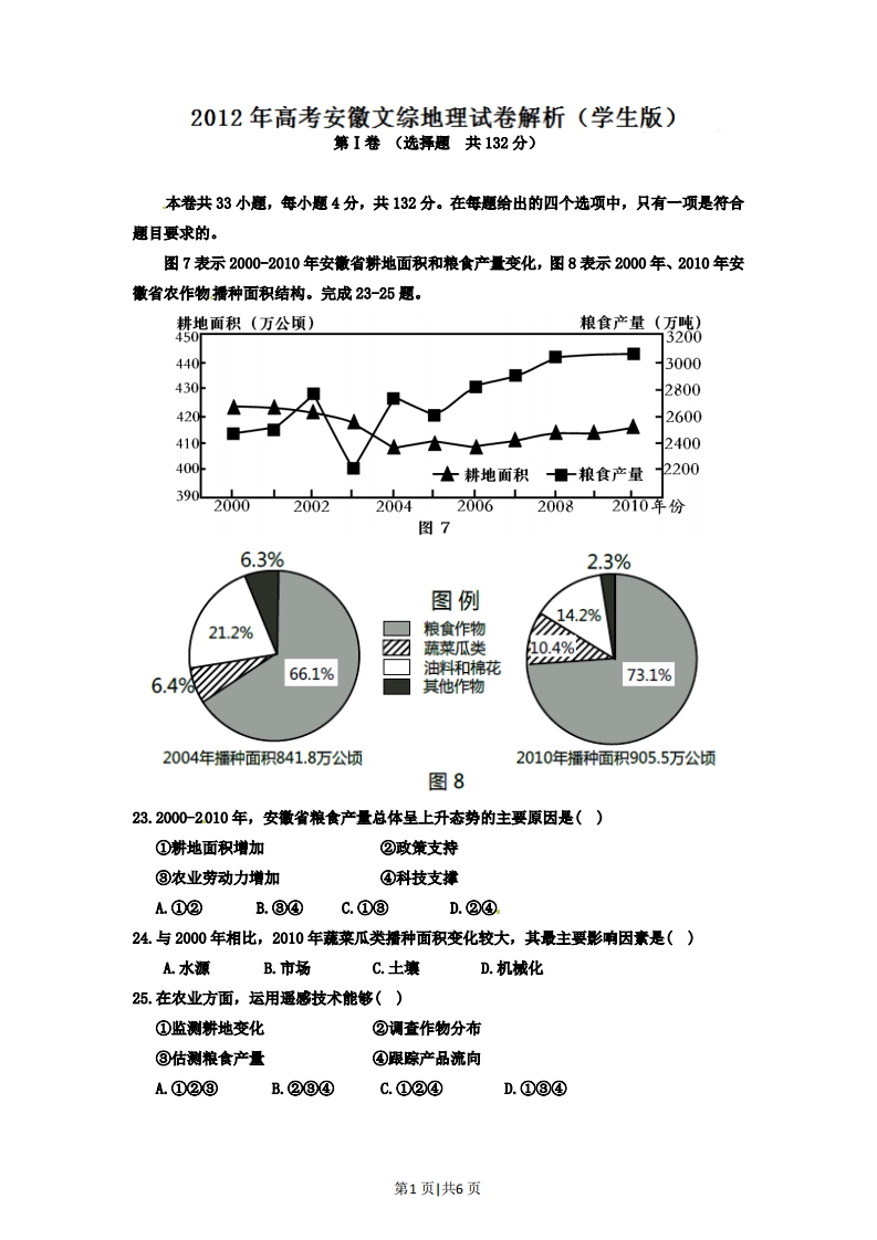 2012年高考地理试卷（安徽）（空白卷）-初高中资料试题文库