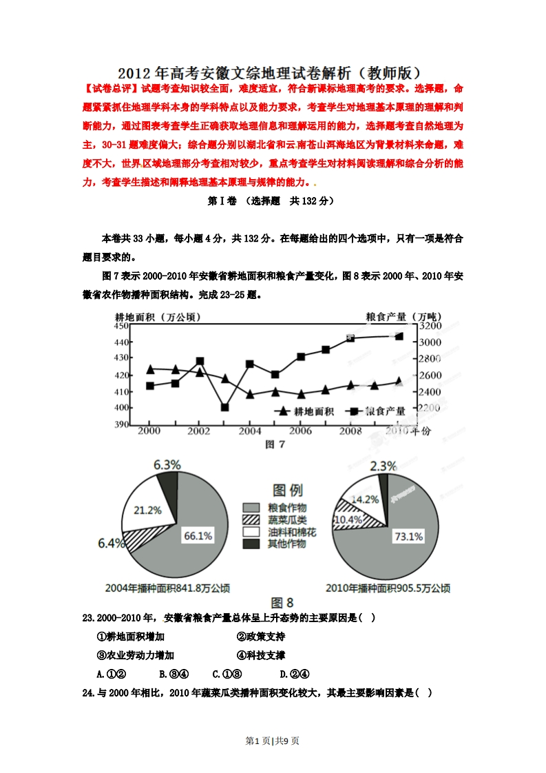 2012年高考地理试卷（安徽）（解析卷）-初高中资料试题文库