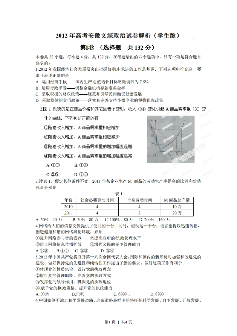 2012年高考政治试卷（安徽）（空白卷）-初高中资料试题文库