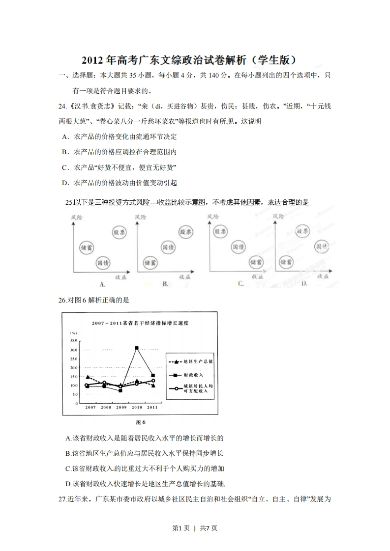 2012年高考政治试卷（广东）（空白卷）-初高中资料试题文库