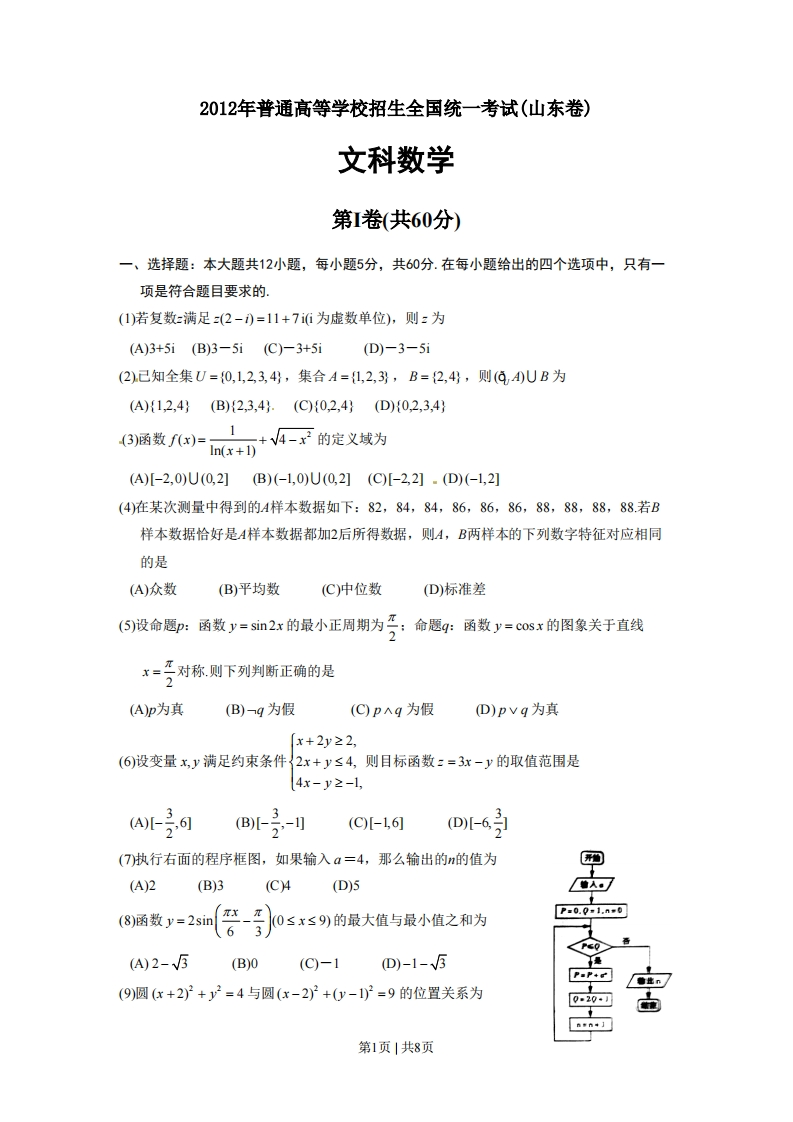 2012年高考数学试卷（文）（山东）（解析卷）-初高中资料试题文库