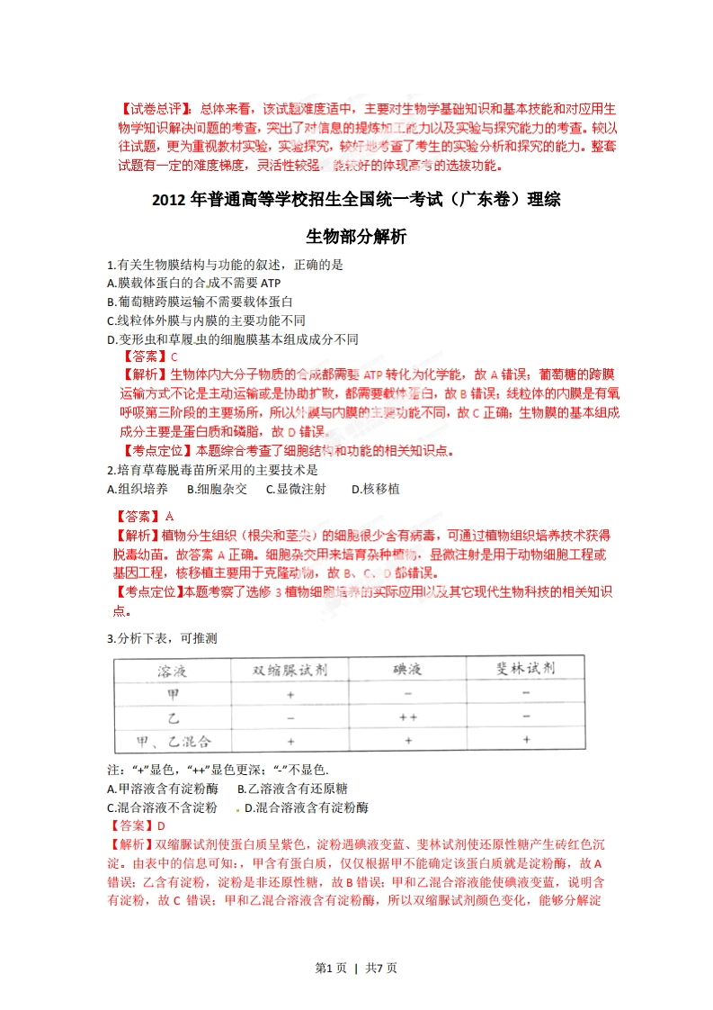 2012年高考生物试卷（广东）（解析卷）-初高中资料试题文库