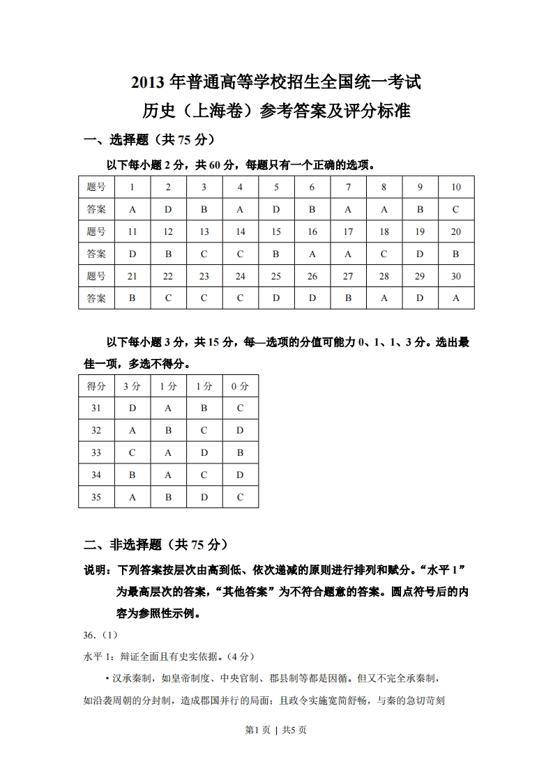2013年高考历史试卷（上海）（答案）-初高中资料试题文库