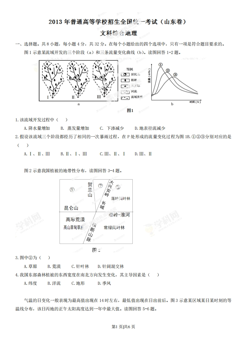 2013年高考地理试卷（山东）（空白卷）-初高中资料试题文库