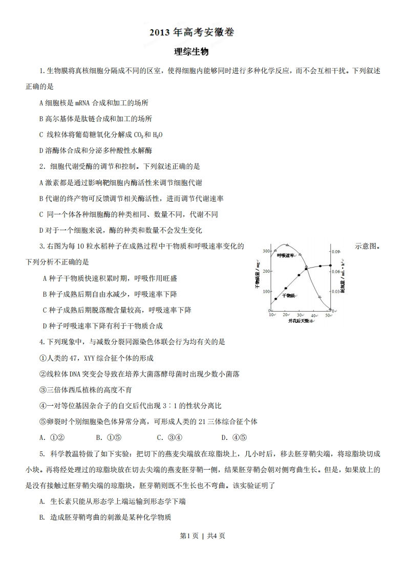 2013年高考生物试卷（安徽）（空白卷）-初高中资料试题文库