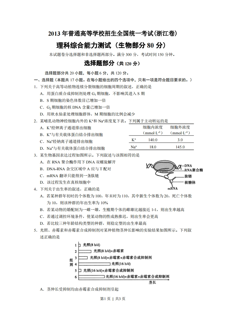 2013年高考生物试卷（浙江）（空白卷）-初高中资料试题文库