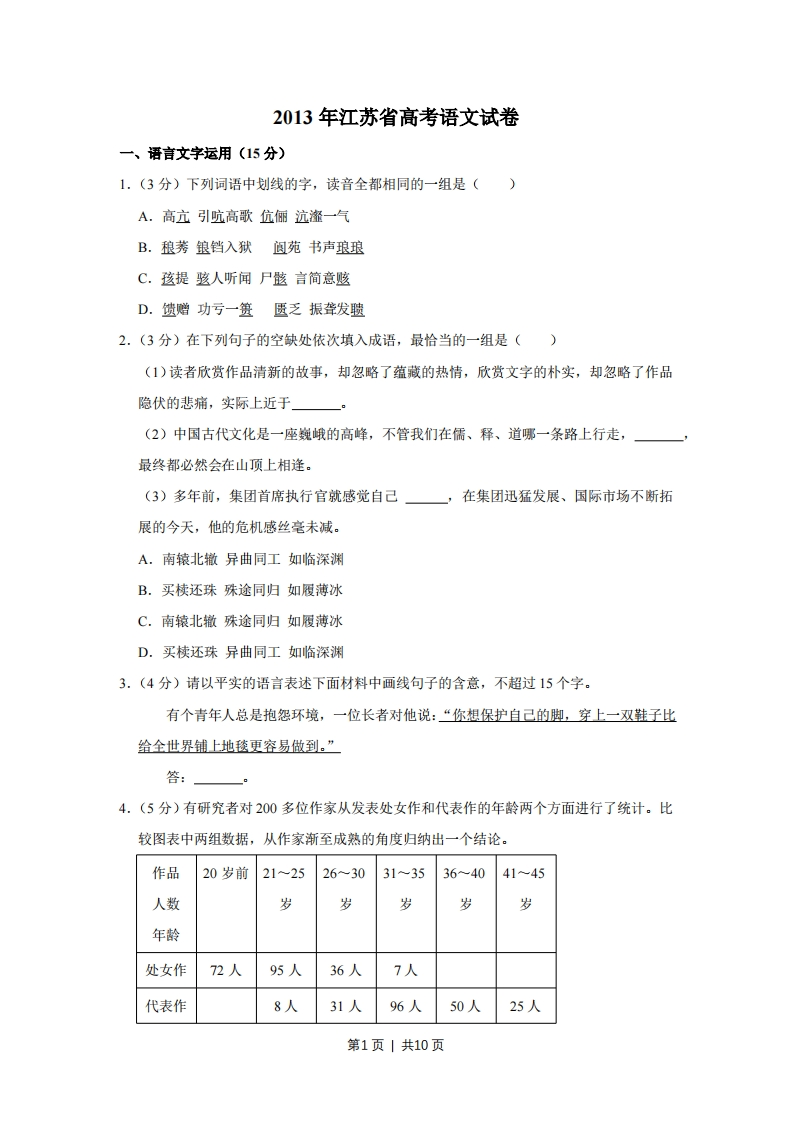 2013年高考语文试卷（江苏）（空白卷）-初高中资料试题文库