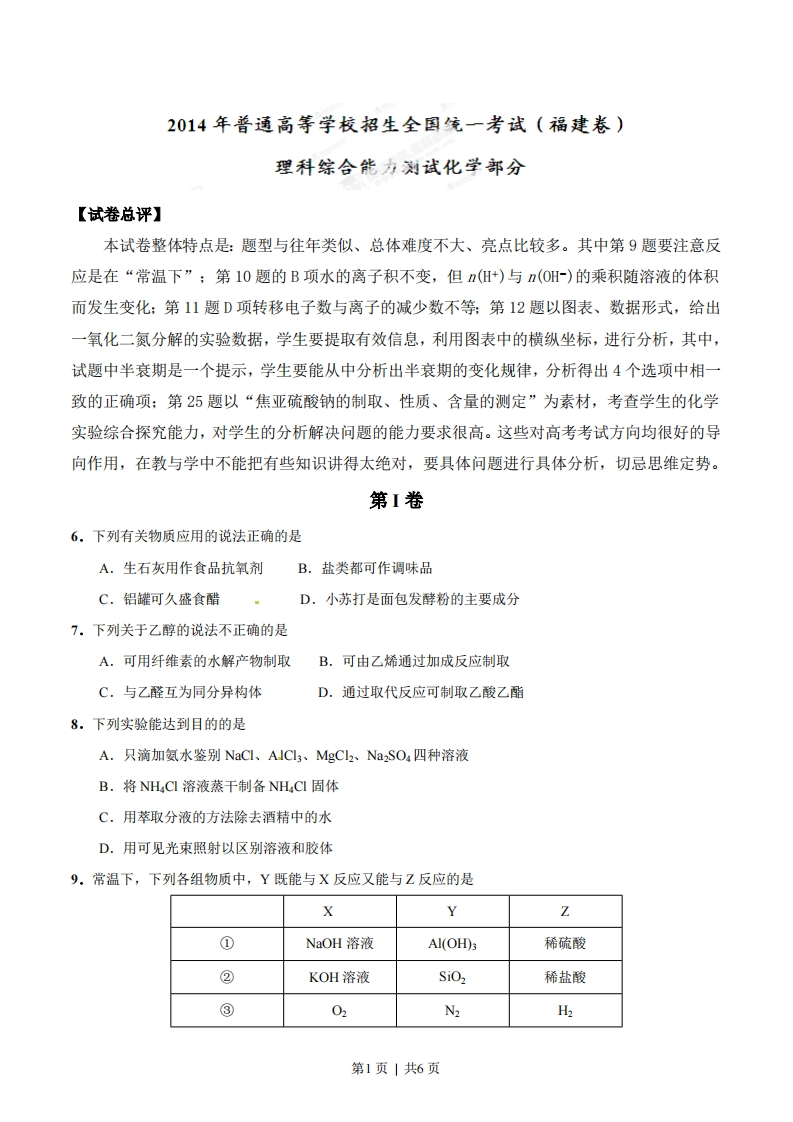 2014年高考化学试卷（福建）（空白卷）