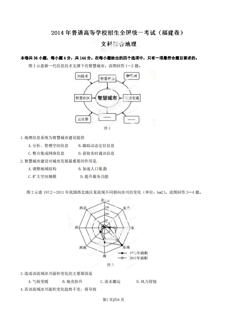 2014年高考地理试卷（福建）（空白卷）-初高中资料试题文库