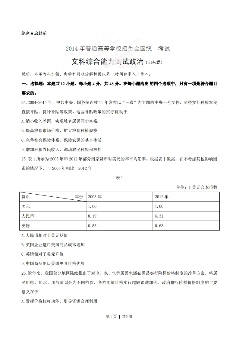 2014年高考政治试卷（山东）（空白卷）-初高中资料试题文库