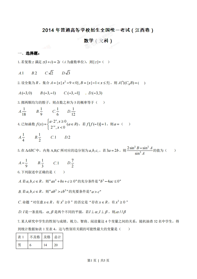 2014年高考数学试卷（文）（江西）（空白卷）-初高中资料试题文库