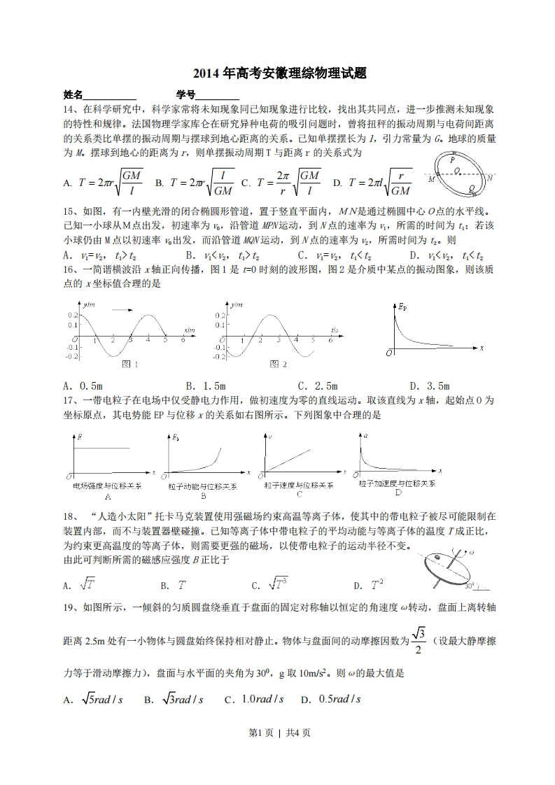 2014年高考物理试卷（安徽）（空白卷）-初高中资料试题文库