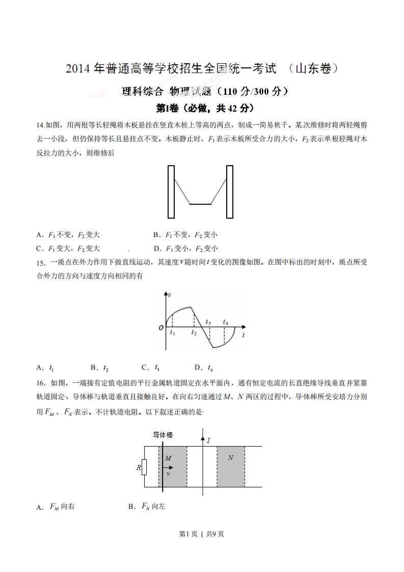 2014年高考物理试卷（山东）（空白卷）-初高中资料试题文库