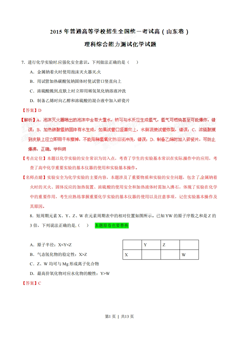 2015年高考化学试卷（山东）（解析卷）