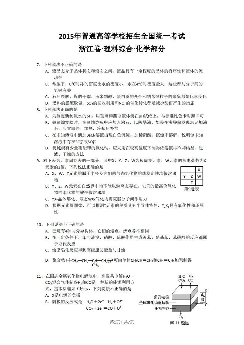 2015年高考化学试卷（浙江）（6月）（空白卷）