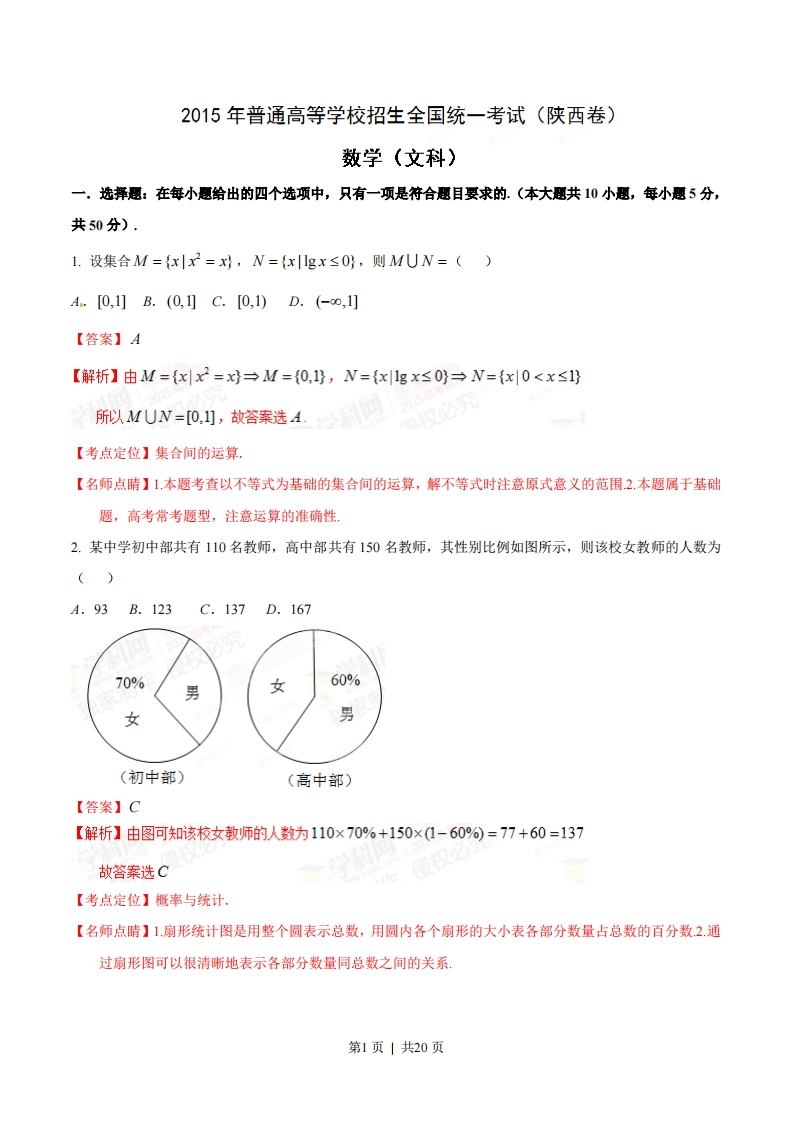 2015年高考数学试卷（文）（陕西）（解析卷）-初高中资料试题文库