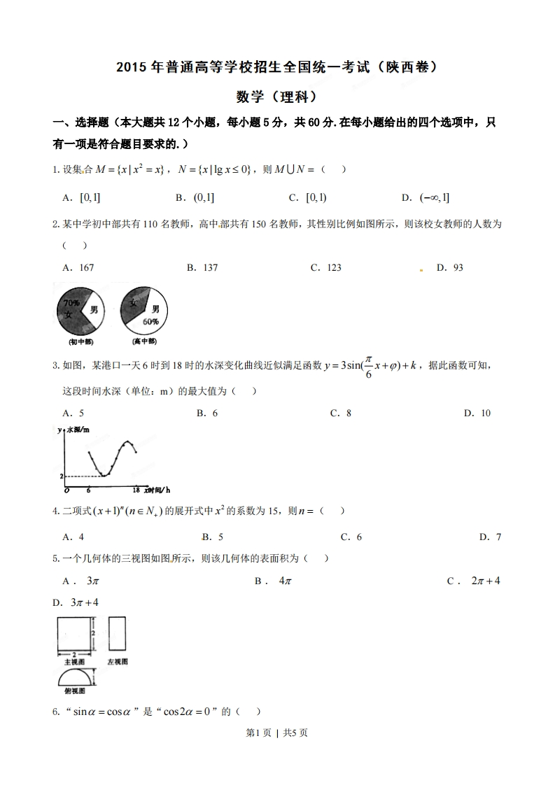 2015年高考数学试卷（理）（陕西）（空白卷）-初高中资料试题文库