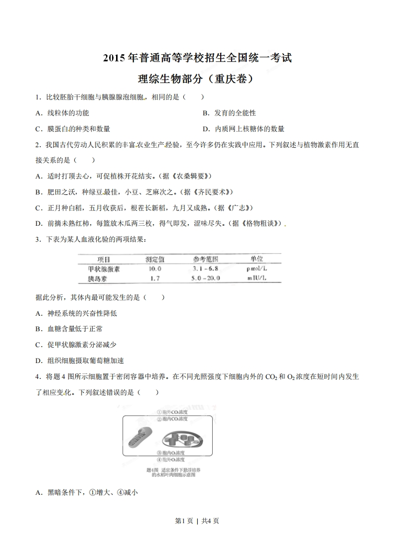 2015年高考生物试卷（重庆）（空白卷）-初高中资料试题文库