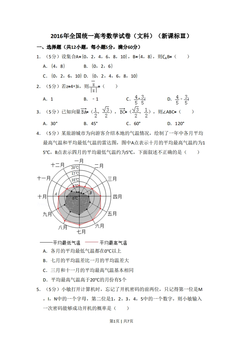 2016年高考数学试卷（文）（新课标Ⅲ）（空白卷）-初高中资料试题文库