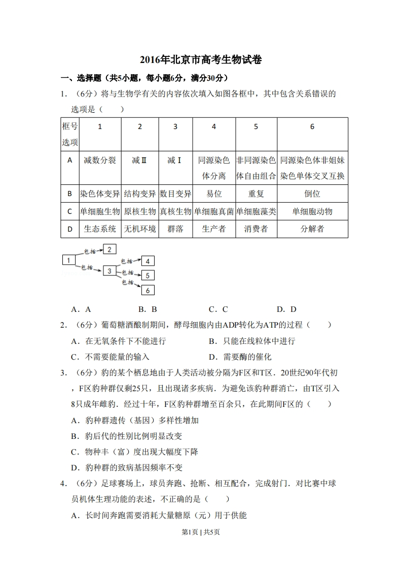 2016年高考生物试卷（北京）（空白卷）-初高中资料试题文库