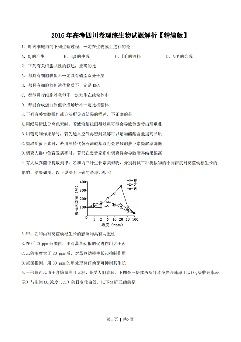 2016年高考生物试卷（四川）（空白卷）-初高中资料试题文库