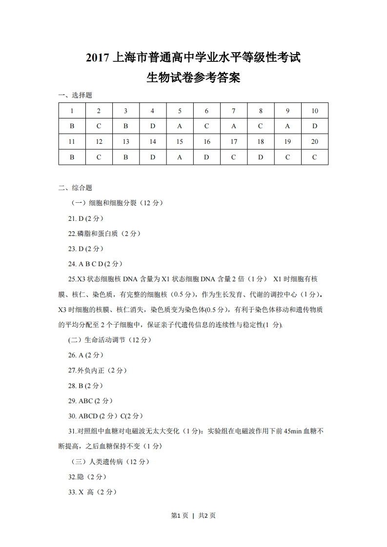 2017年高考生物试卷（上海）（答案卷）-初高中资料试题文库