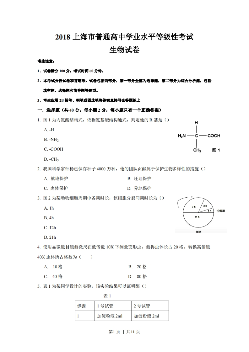 2018年高考生物试卷（上海）（空白卷）-初高中资料试题文库