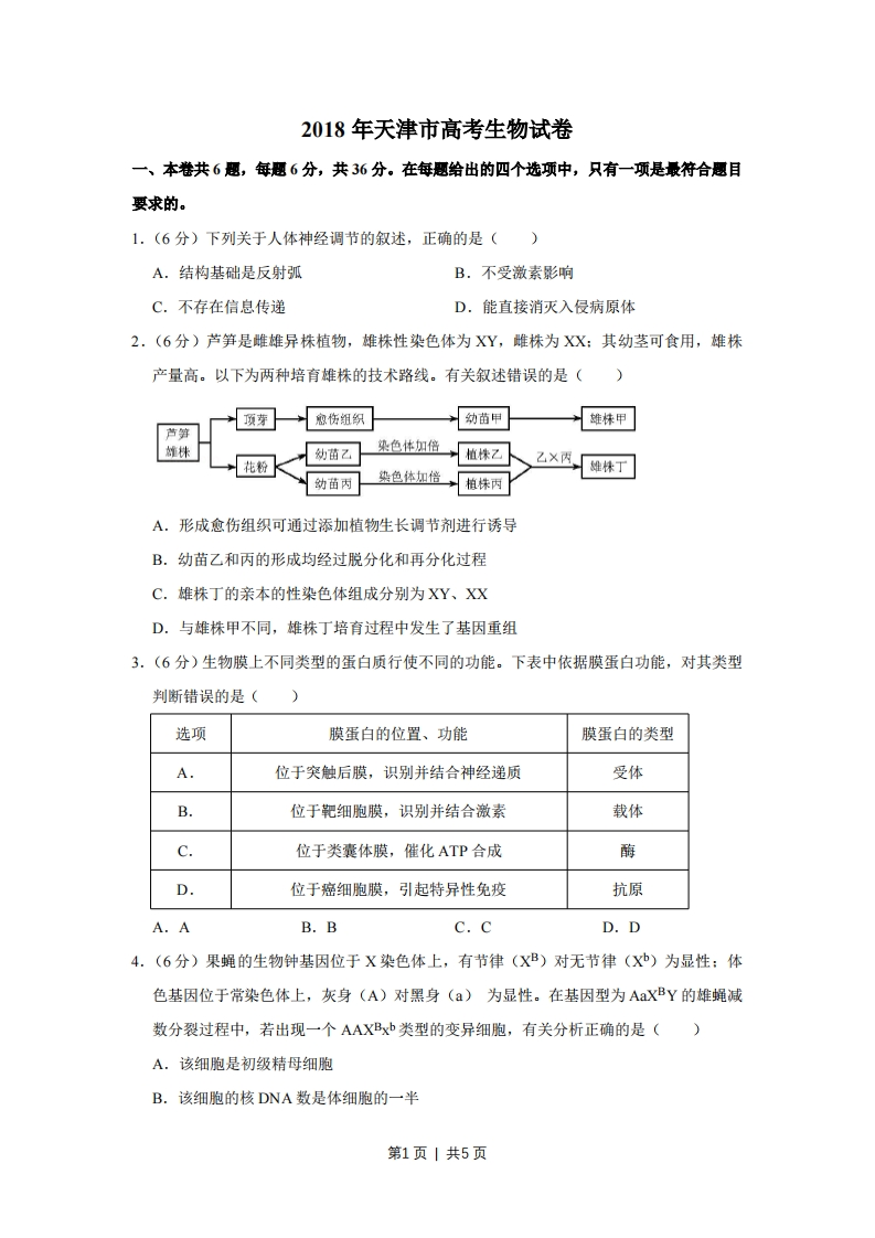 2018年高考生物试卷（天津）（空白卷）-初高中资料试题文库
