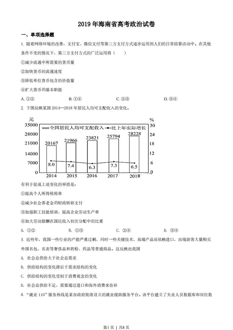 2019年高考政治试卷（海南）（空白卷）-初高中资料试题文库