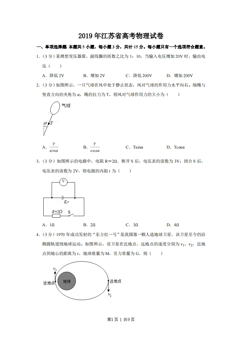 2019年高考物理试卷（江苏）（空白卷）-初高中资料试题文库