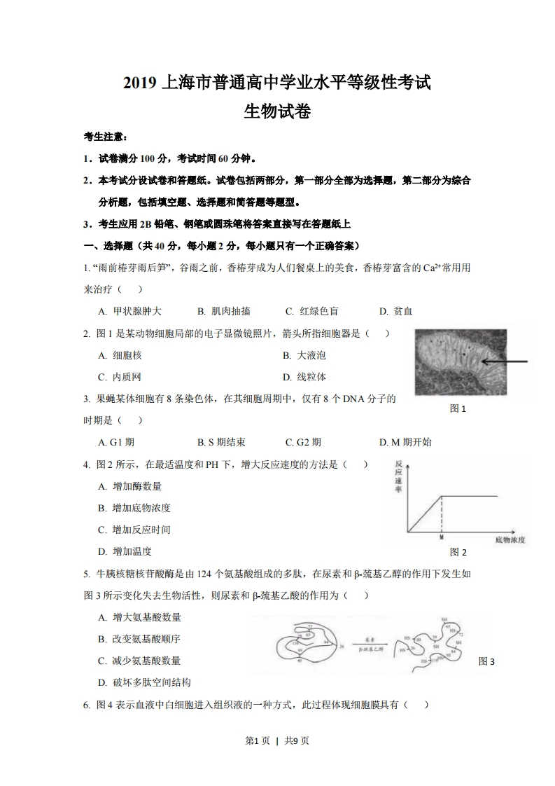 2019年高考生物试卷（上海）（空白卷）-初高中资料试题文库