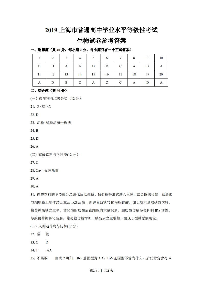 2019年高考生物试卷（上海）（答案卷）-初高中资料试题文库