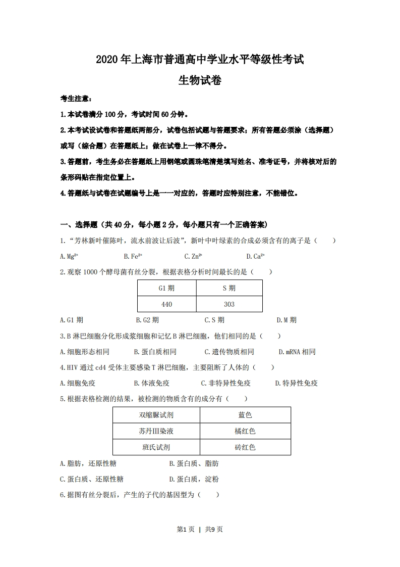 2020年高考生物试卷（上海）（空白卷）-初高中资料试题文库