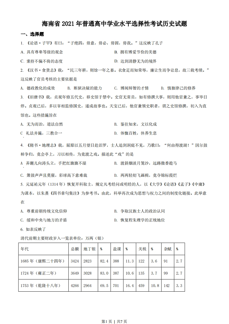 2021年高考历史试卷（海南）（空白卷）-初高中资料试题文库