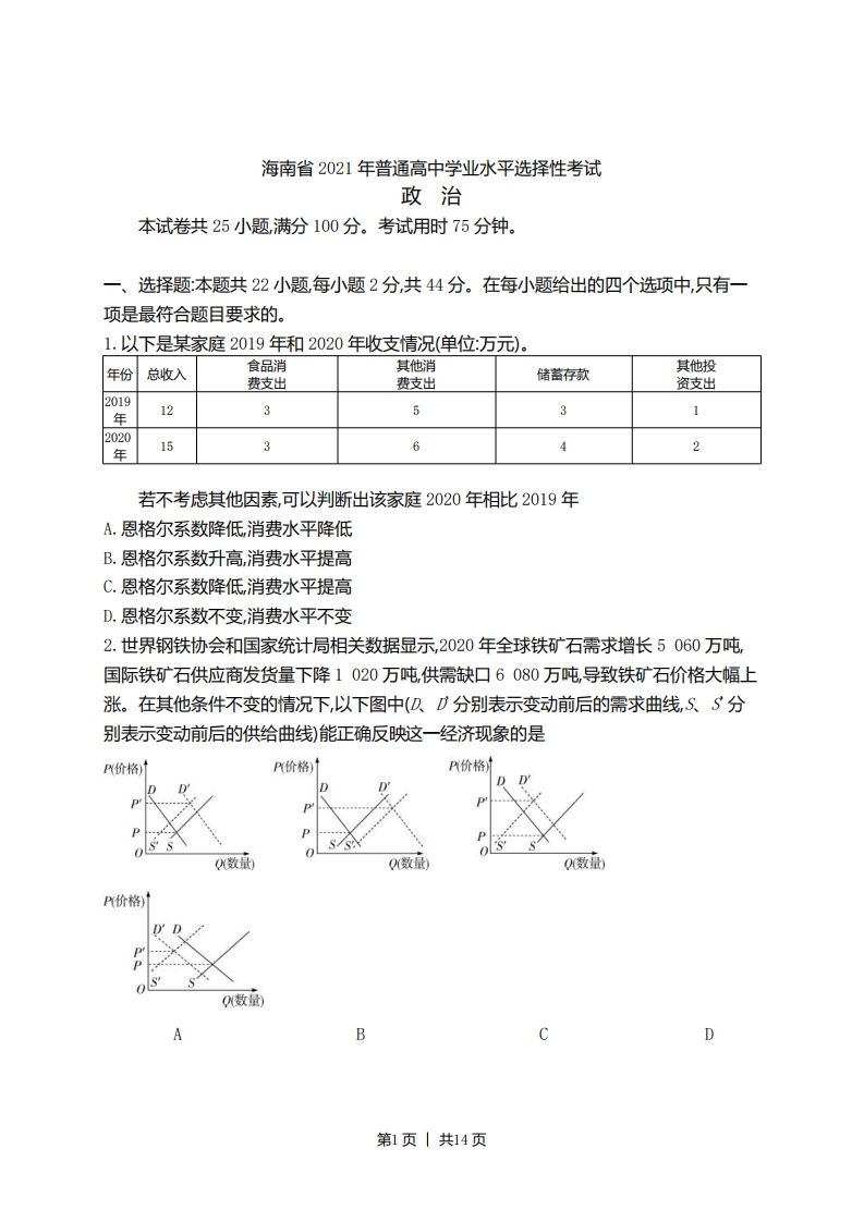 2021年高考政治试卷（海南）（解析卷）-初高中资料试题文库