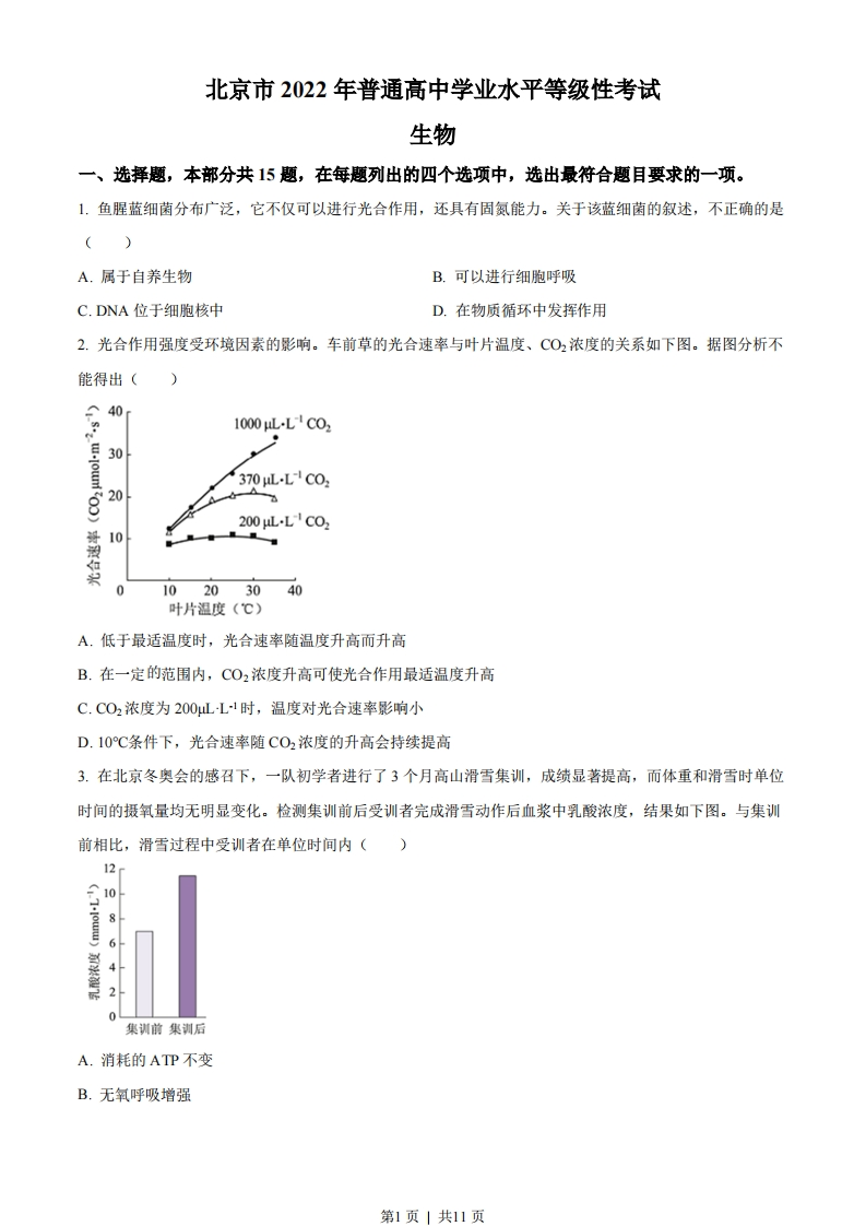 2022年高考生物试卷（北京）（空白卷）-初高中资料试题文库