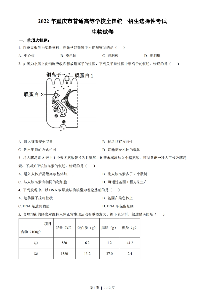 2022年高考生物试卷（重庆）（空白卷）-初高中资料试题文库