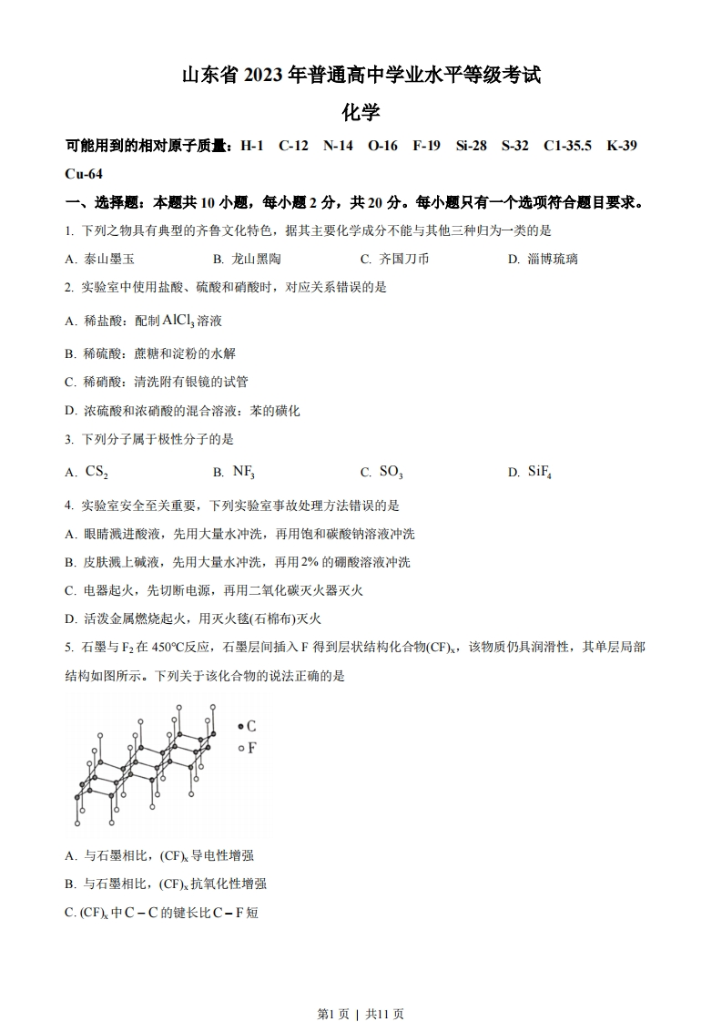 2023年高考化学试卷（山东）（空白卷）
